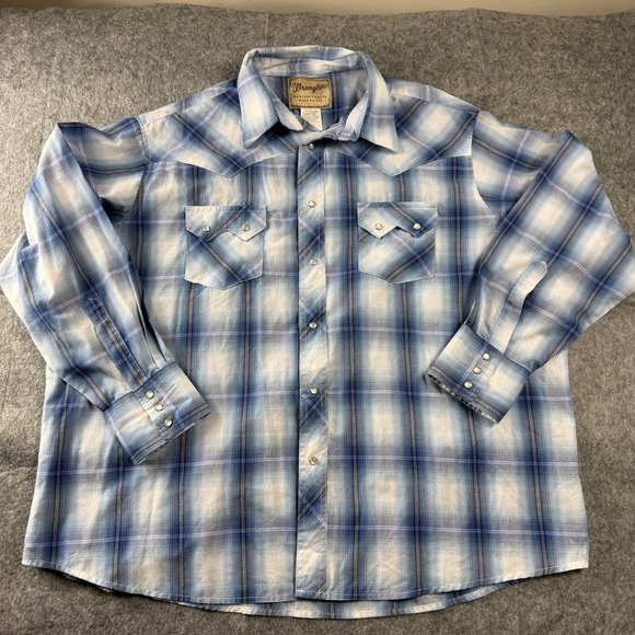 Wrangler Other - Wrangler Western Fashion Snap Shirt Plaid Blue White Men 2X Big Grande Fort